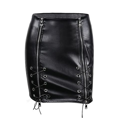 Black Cross Lace Up Pu Leather Skirts 2018 Spring Summer Womens Side Split Pencil Skirts Sexy