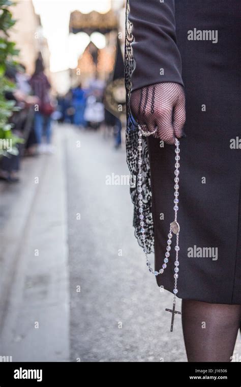 Woman Dressed In Mantilla During A Procession Of Holy Week Spain Stock