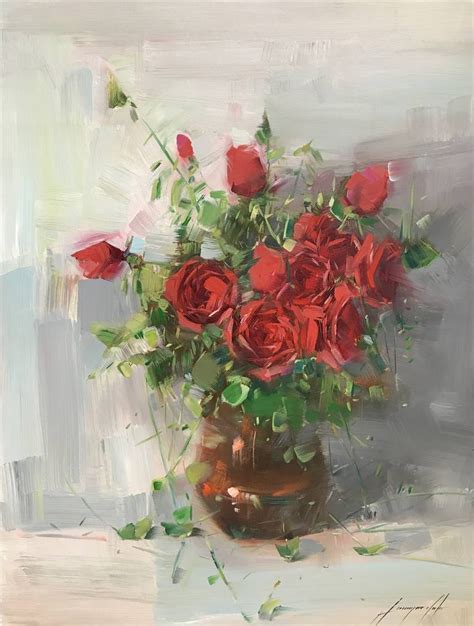 Vase Of Roses Oil Painting On Canvas One Of A Kind Art Print Rose