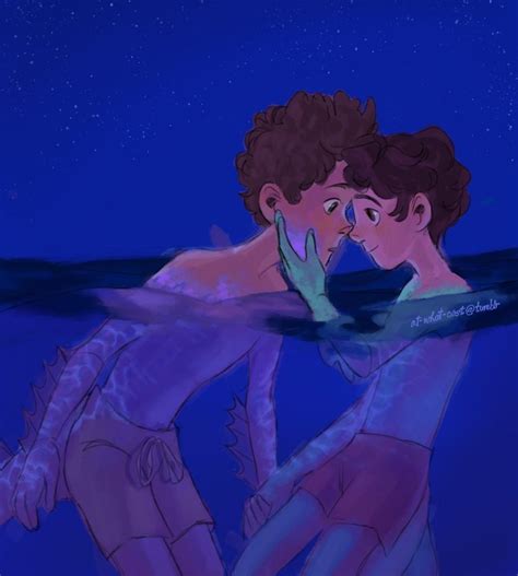 Two People Are Kissing In The Water Under A Night Sky With Stars And