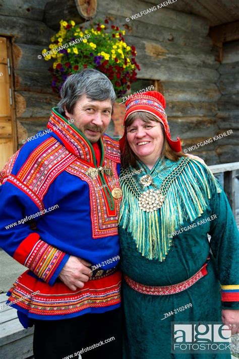 sami couple in traditional clothing near ivalo a village in inari lapland in northern finland