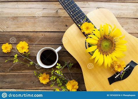 Yellow Flowers Cosmos Sunflowers Arrangement On Acoustic Guitar And