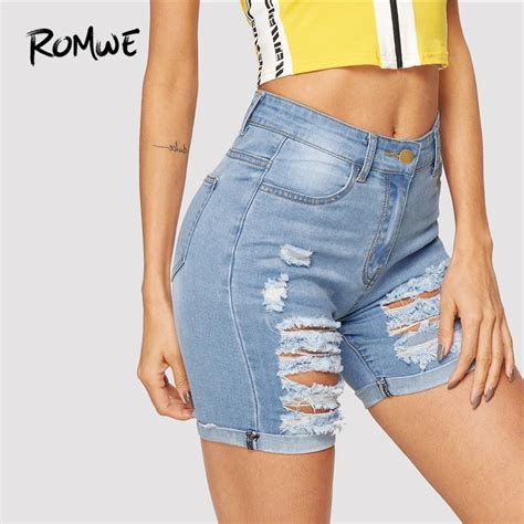 Buy Romwe Ripped Rolled Hem Denim Shorts Blue Button
