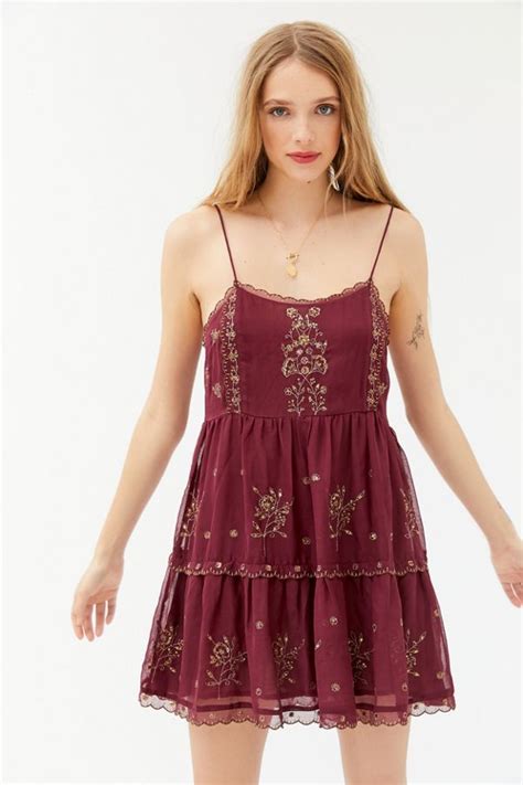 Uo Hanna Embellished Scallop Babydoll Mini Dress Urban Outfitters