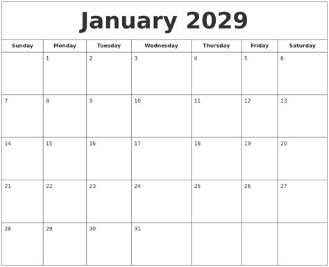 January 2029 Printable Calendar