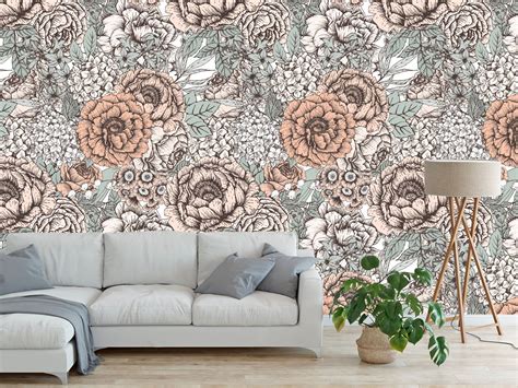 Removable Peel And Stick Wallpaper Floral Coral Neutral Etsy