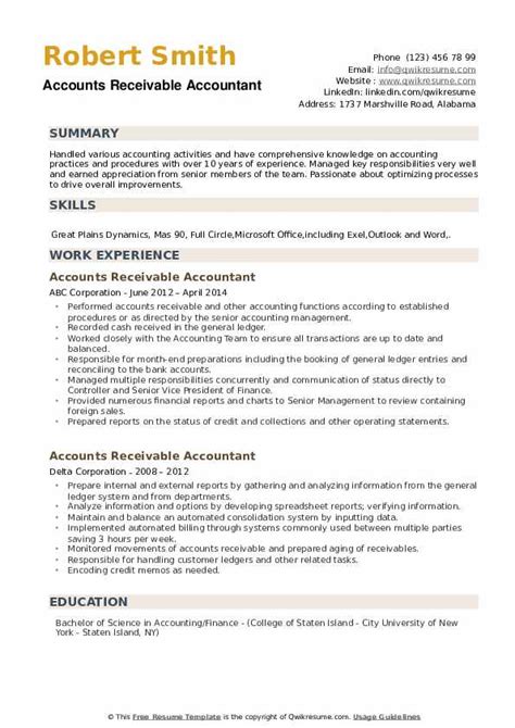 Companies are always looking for accounting assistants. Accounts Receivable Accountant Resume Samples | QwikResume