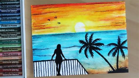 Easy Sunset Scenery In Beach Drawing With Oil Pastel Step By Step