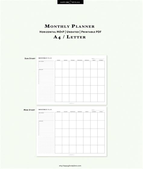Horizontal Monthly Planner Printable A4 Letter Inserts Etsy