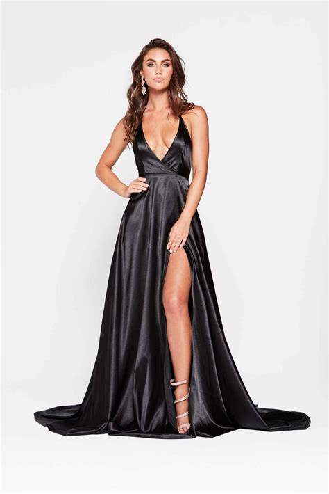 A N Amani Black Satin Dress With Plunge Neck And Side Split A N