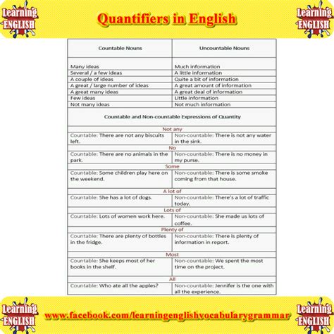 A word or phrase that is used before a noun to show the amount of it that is being considered…. Quantifiers in English grammar | Learn english, Learn ...