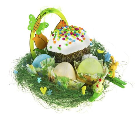 Easter Kulich With Painted Eggs Funny Chicken And Bunny Stock Image
