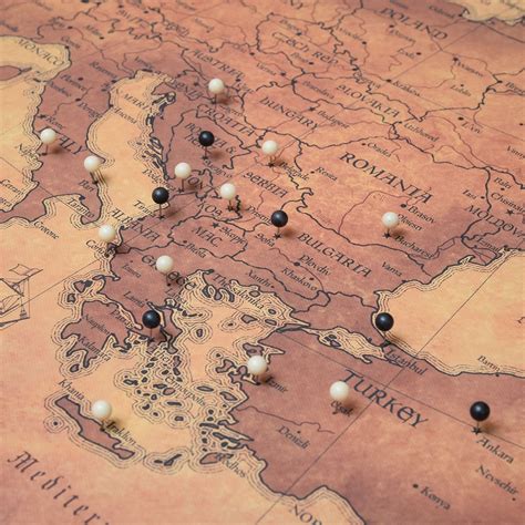 Europe Travel Map Pin Board W Push Pins Golden Aged Europemap