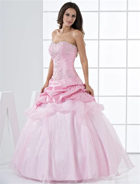Pink Princess Strapless Beaded Ruffles Floor Length Taffeta Ball Gown