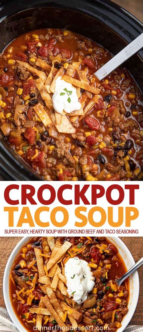 A ground beef chili, made with ground chuck, onion, peppers, basic chili seasonings, and beans. Slow Cooker Taco Soup is an easy, hearty soup with ground ...