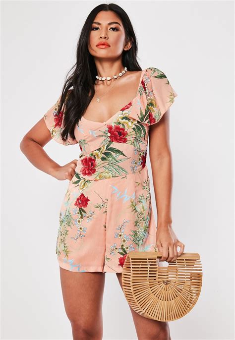 Pink Floral Button Ruffle Romper Missguided Floral Playsuit