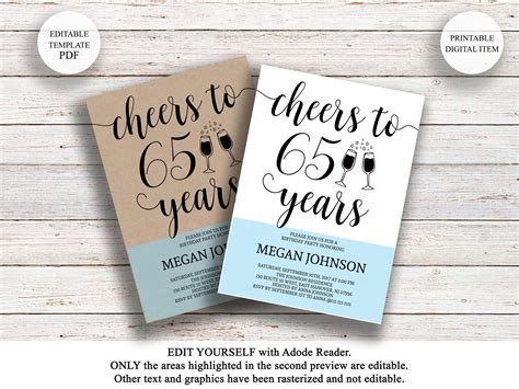 Editable 65th Birthday Invitation Cheers To 65 Years Rustic Etsy