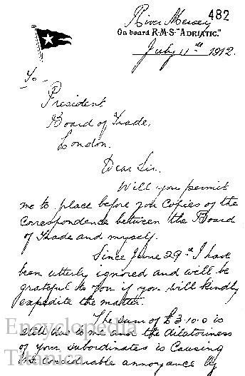 Separate document stating your intent letters of the executive oversight committee eoc first and i. Boxhall letter to the President of the Board of Trade