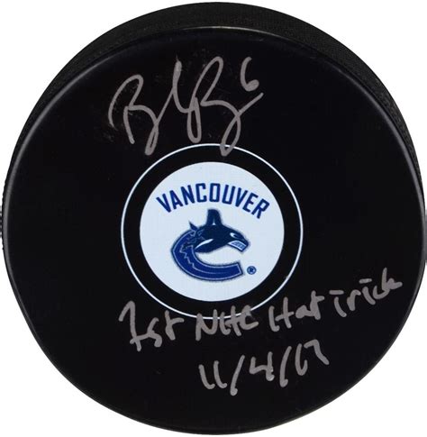 brock boeser vancouver canucks signed puck with 1st nhl hat trick 11 4 17 insc canucks hockey
