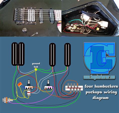 Easy to read wiring diagrams for guitars & basses with one humbucker or one single coil & one volume. four humbuckers pickup wiring diagram - hotrails and quadrail