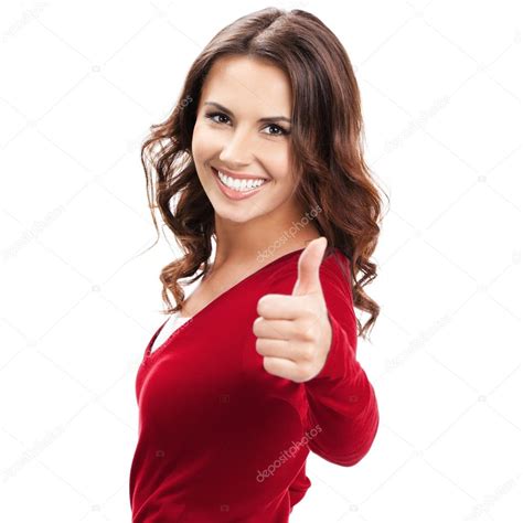 Woman Showing Thumbs Up Gesture On White — Stock Photo © Gstudio