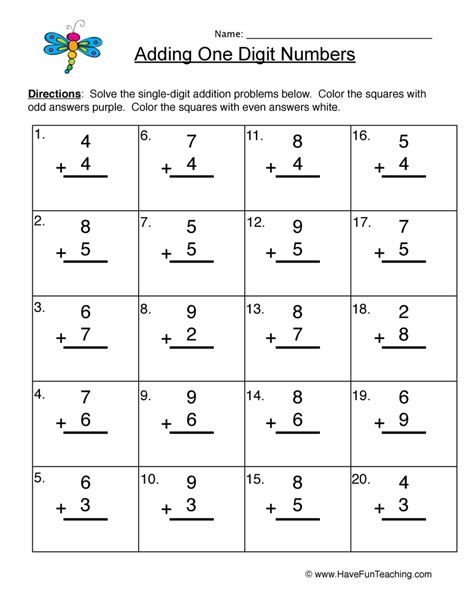 Addition One Digit Numbers Worksheet