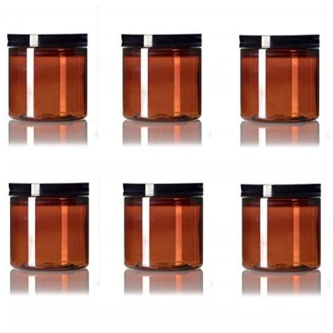 8 Oz Amber Plastic Jar Straight Sided With Black Lid Pack Of 6