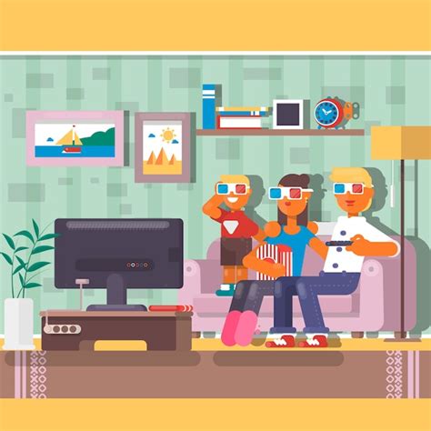 Familia Feliz Viendo La Televisión Juntos En Casa Ilustración