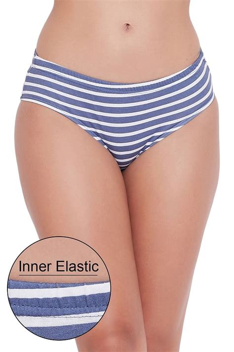 Buy Mid Waist Striped Hipster Panty With Inner Elastic In Navy Cotton