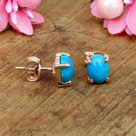 Natural Blue Turquoise Studs Earrings Sterling Silver Etsy