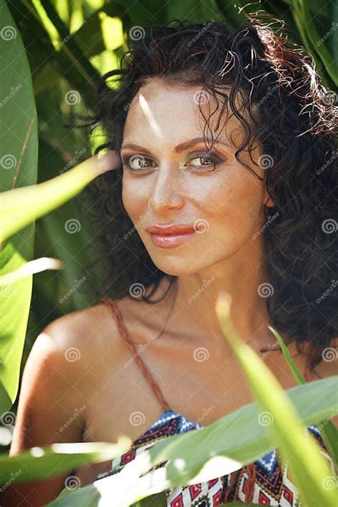 Beauty Mature Woman In Green Bushes Herbal Jungle Stock Image Image