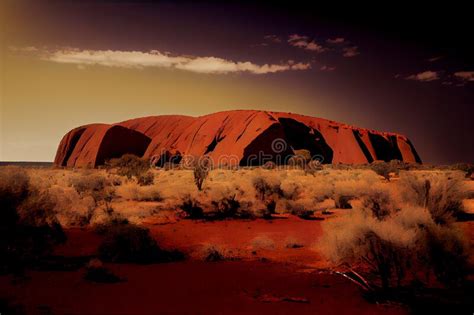 Sunset In The Arid Australian Desert With Red Dirt And Large Rock