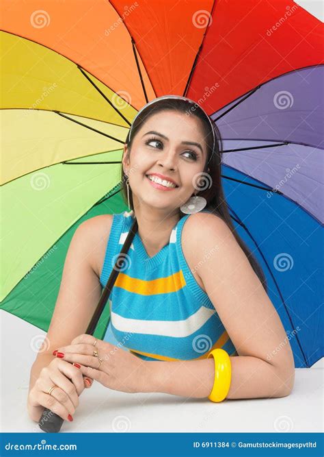 Woman With A Rainbow Umbrella Stock Photo Image Of Lips Complexion