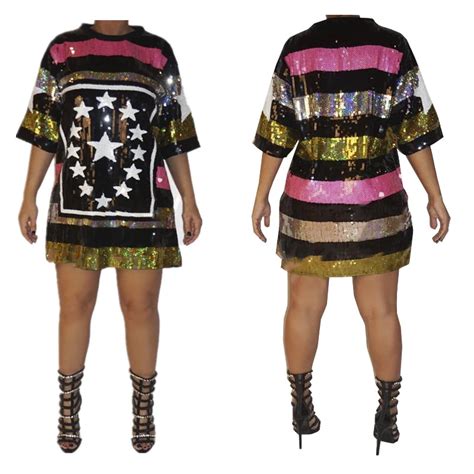 Pentagram Striped Sequin T Shirt Skirt Plus Size Fashion Fashion