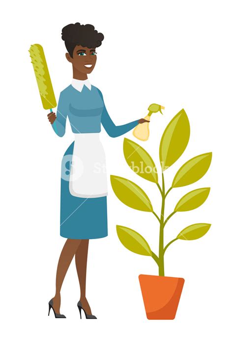 African Housemaid In Uniform Watering The Flower With Spray Full