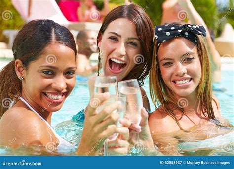 Three Women Having Party In Swimming Pool Drinking Champagne Stock Image Image Of American