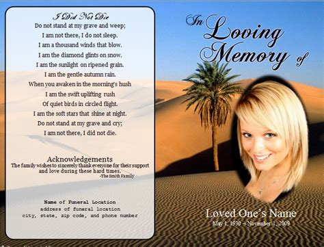 Funeral card template for bookmarks and prayer cards. order of service sample