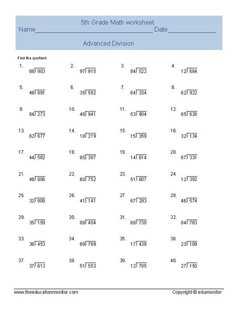 These free division worksheets are engaging and put across math problems in a manner that makes kids would want to solve them. Advanced Division Math Worksheets for Fifth Grade Kids