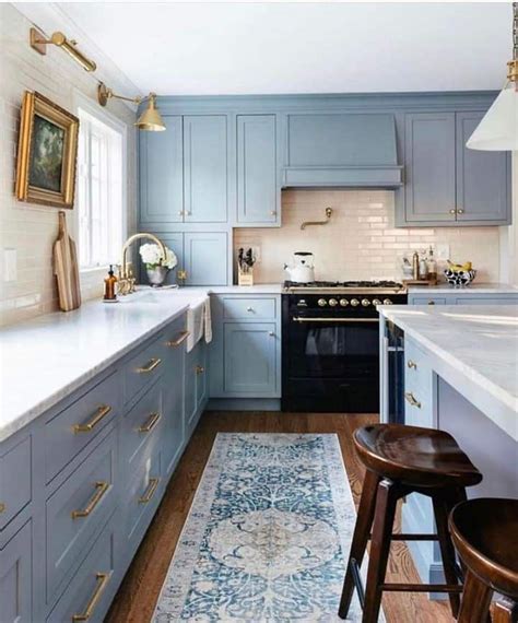 Farmhouse Blue Kitchen Cabinets With Brass Accents Soul And Lane
