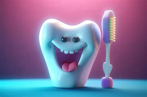 Cute Healthy Shiny Cartoon Tooth Character Holding Toothbrush