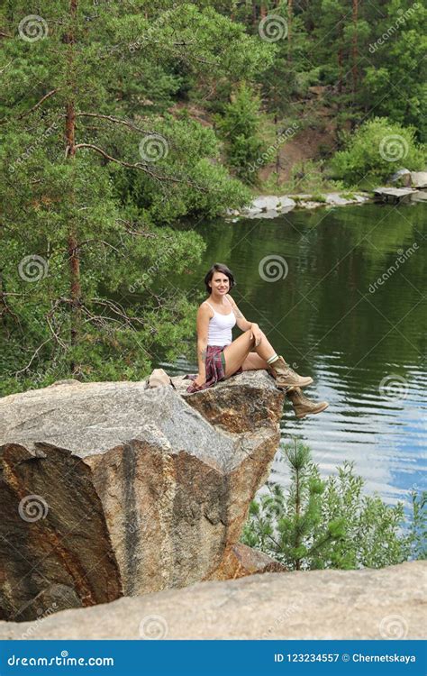 Young Woman On Rocky Mountain Near Lake Stock Image Image Of Camp