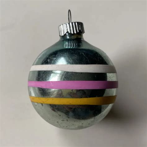 VINTAGE SHINY BRITE Mercury Glass Christmas Ornament Teal Pink Yellow Striped PicClick