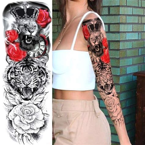9 Sheets ALISA Cool Large Tiger Face Full Arm Temporary Tattoo Sleeve