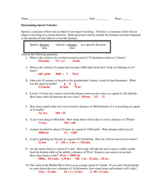 Speed Velocity And Acceleration Calculation Worksheet