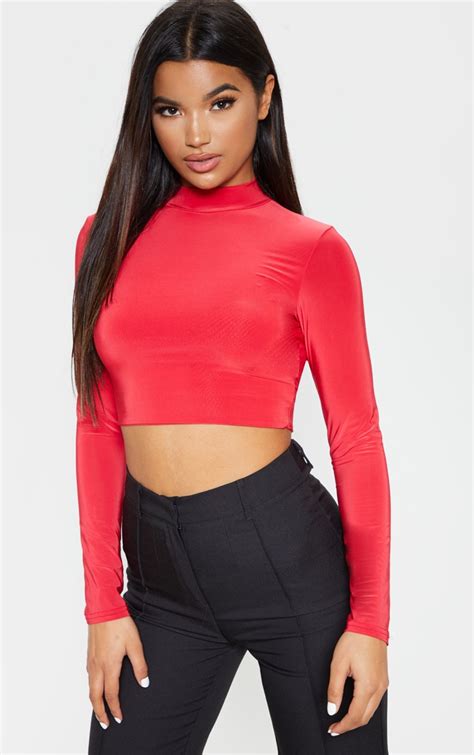 Red Slinky High Neck Long Sleeve Crop Top Prettylittlething Ca