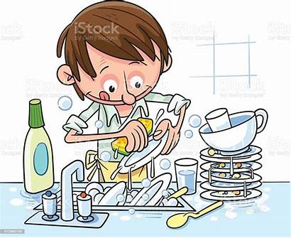 Dishes Washing Vector Washes Illustration Cartoon Adult
