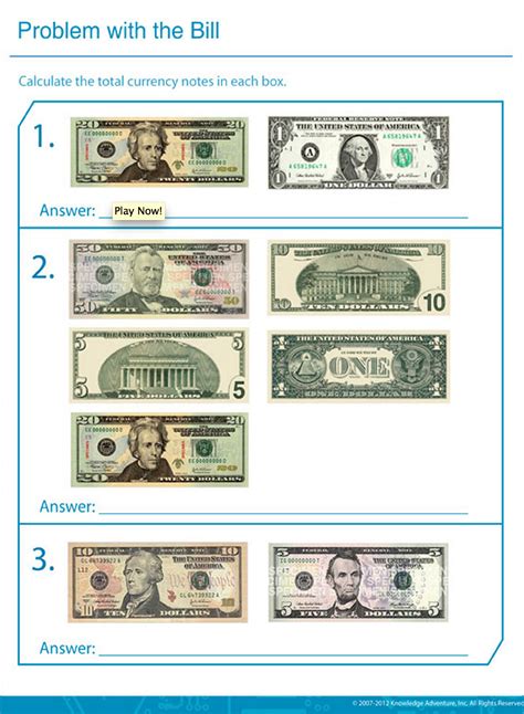 Identifying Dollar Bills Worksheet