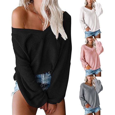 Buy Pullover Long Sleeve Waffle Knit Tops Off Shoulder For Women V Neck