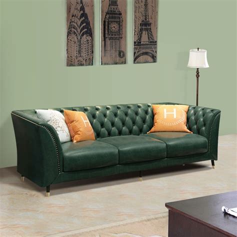 Luxury Mid Century Button Tufted Sofa Retro Green Faux Leather