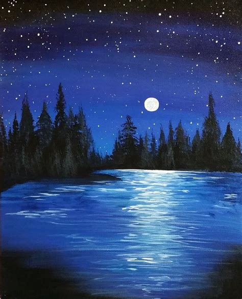 A Painting Of A Lake With Trees And The Moon In The Night Sky Above It